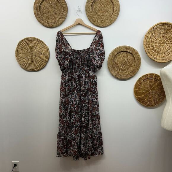 Torrid Black Flower Floral Tea Length Smocked Bodice A-Line Dress Size 0 Large - Picture 3 of 9